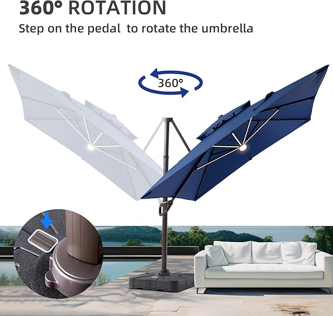 10 X 13 FT Cantilever Patio Umbrella with Led Lights and Base Included Heavy Duty Outdoor Double Top Large Rectangle Offset Umbrellas with 360-degree Rotation for Garden Pool Deck Backyard, Navy