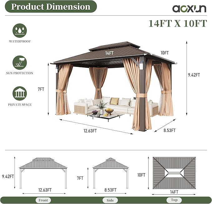 Aoxun 14'x10' Hardtop Gazebo with 4 LED Lights, Outdoor Gazebo with Galvanized Steel Double Roof, Patio Gazebo with Breathable Netting & Privacy Curtain, Decor Hooks for Backyard, Brown