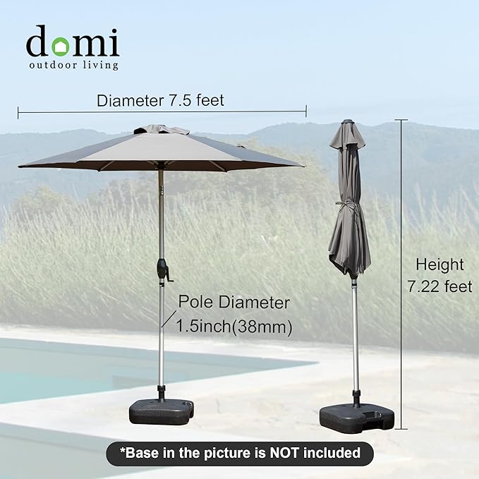 Domi 7.5FT Patio Umbrella Outdoor Market Umbrella with Silver Aluminum Pole, UV Resistant Canopy, Wind Vent, Tilt & Crank System, Perfect for Patio, Garden, Deck, Pool, Outdoor Dining, Gray