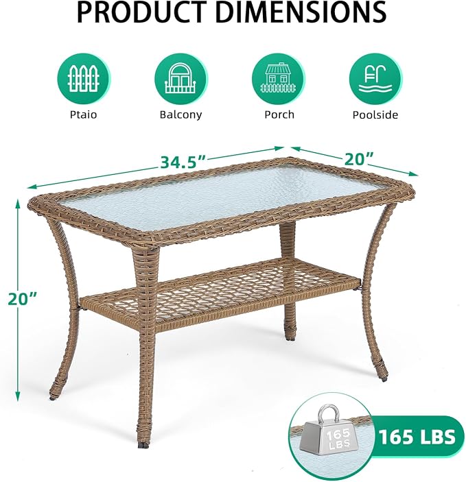 VIVIJASON Outdoor Wicker Coffee Table, All-Weather Rattan Patio Coffee Table with 2-Tier Storage, Tempered Glass Top Rectangle Center Table for Deck, Garden, Balcony, Porch, Indoor or Outdoor Use
