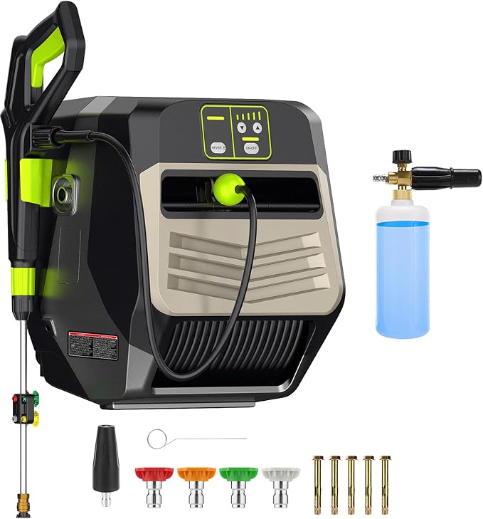 Wall Mounted 𝐌𝐀𝐗 𝟓𝟓𝟎𝟎𝐏𝐒𝐈 𝐏𝐫𝐞𝐬𝐬𝐮𝐫𝐞 𝐖𝐚𝐬𝐡𝐞𝐫,4 Nozzle Tips,5 Levers 3.6GPM Power Washer,100FT Hose,Automatic Rewind,5 Nozzles for Car Clean Machine/Car/Driveway/Patio Clean,Black