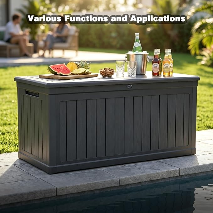 Large Outdoor Storage Deck Box, Resin Patio Container with Lockable Lid, Hydraulic Lift, Wood Texture Panels, Bench Table Function for Cushions Garden Tools Pool Gear Sports Equipment (260 Gallon)
