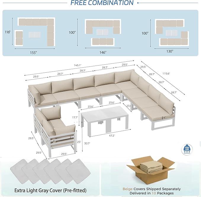 NICESOUL 12 Piece Luxury Aluminum Outdoor Sectional Sofa with End Table, L Shaped Oversized Modular Patio Furniture Set, 29" Deep Wide Seating, 500 lbs Heavy Duty Conversation Set for Backyard, Beige