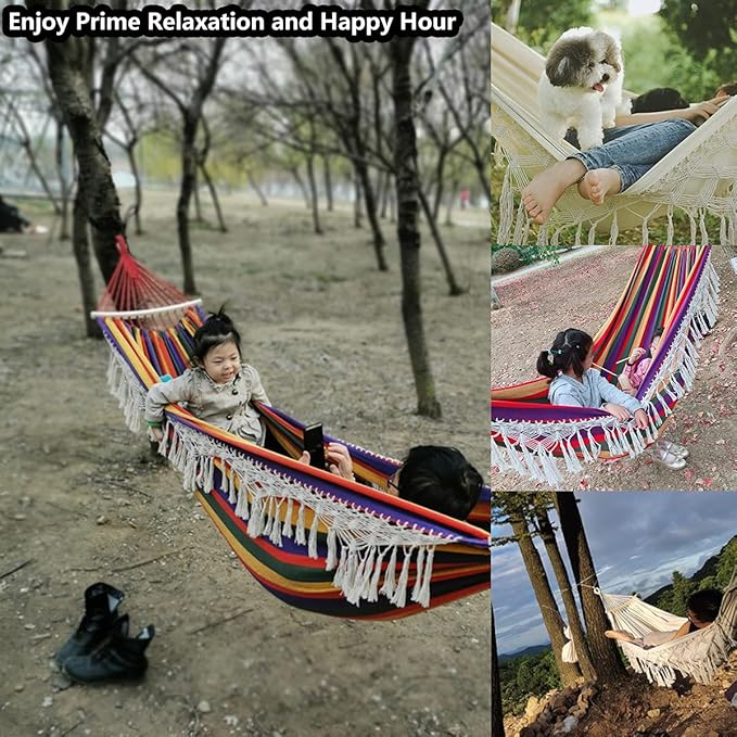 Cotton Canvas Tassel Hammock, Double Boho Hammocks with Macrame Fringe, Portable Camping Indoor Outdoor Garden Hammock Swing with Travel Bag, 150kg Load Capacity Pink Stripes
