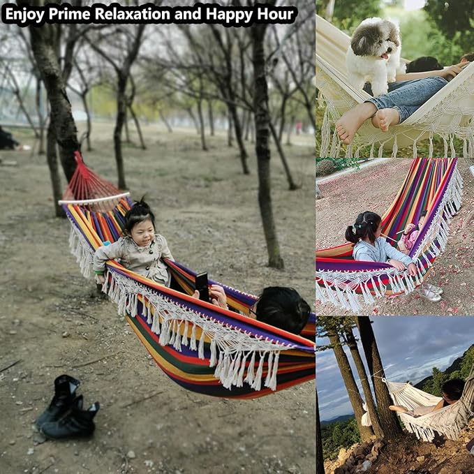 Cotton Canvas Tassel Hammock, Double Boho Hammocks with Macrame Fringe, Portable Camping Indoor Outdoor Garden Hammock Swing with Travel Bag, 150kg Load Capacity Pink Stripes