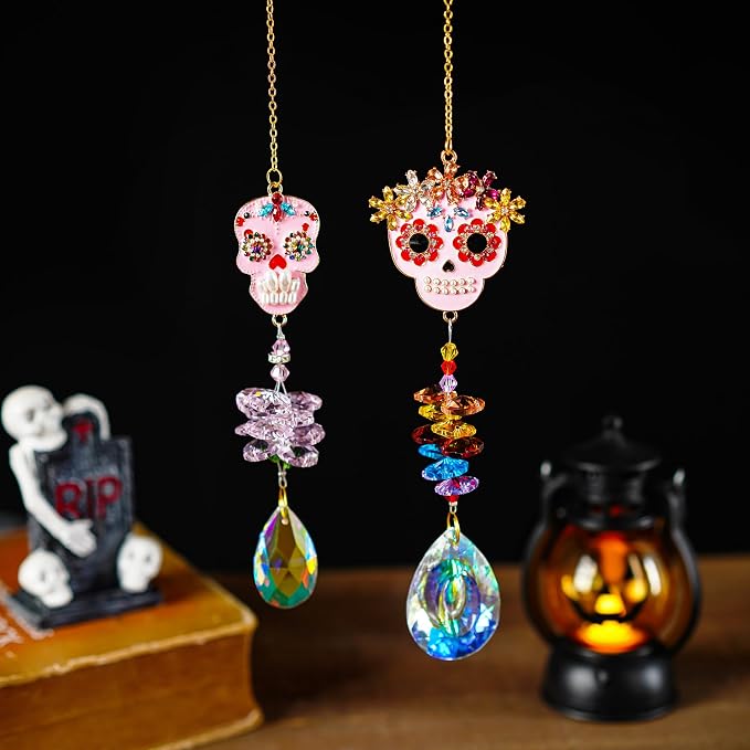 2 Pcs Skull Rhinestone Crystal Pendant Chandelier Suncatcher Hanging Decor | Crystal Bead Chain Suncatcher with Skull Rhinestone Pendant for Chandelier Window Wedding Party Decor Accent