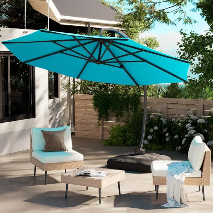 ENSTVER 11FT Cantilever Patio Umbrella With Base Included, Round Large Aluminum Outdoor Cantilever, Heavy Duty Offset Umbrella with 360°Rotation for Pool, Deck, Backyard, Garden(Lake Blue)