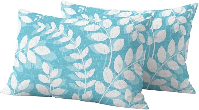 Light Blue Leaves Outdoor Waterproof Throw Pillow Covers 20x12 Set of 2, Farmhouse Botanical Branch Vintage Boho Leaf Decorative Pillowcases Cushion Pillowcase for Couch Sofa Patio Pillow Protector