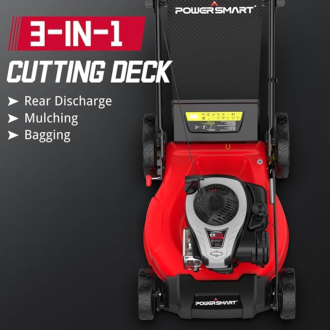 PowerSmart Gas Lawn Mower 21-Inch with 140cc Briggs&Stratton E550 Engine, 3-in-1 with Bagging, High Wheels, Lightweight, Easy Assembly, Cordless Push Lawn Mowers for Garden Yard