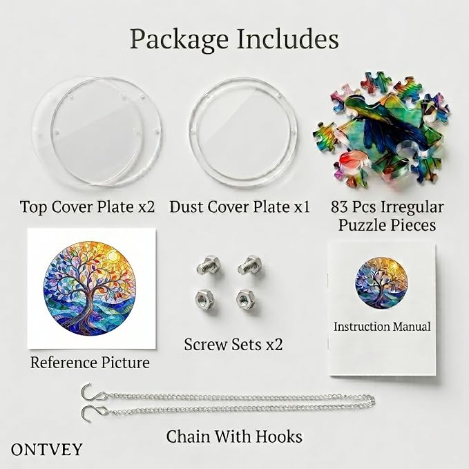 Acrylic Jigsaw Puzzle Suncatcher - Vivid Tree Acrylic Puzzle Window Hanging Kit, 83 Irregular Pieces & Hanging Chain - Creative DIY Home Indoor & Garden Decor (7.4 Inch)