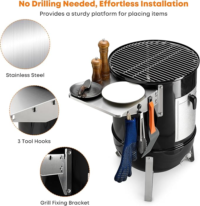 Stanbroil Stainless Steel Folding Side Table, Fits Weber 22" Charcoal Smoker, Grill Accessories to Add Storage Space