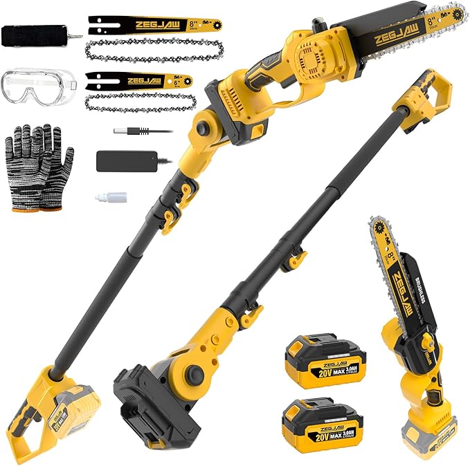 ZEGJAW 4-IN-1 Cordless Pole Saw & Mini Chainsaw, 6-inch & 8-inch Chainsaw Bar with 2 Pack 3.0Ah Battery and Charger, Electric Pole Saw for Tree Trimming with Adjustable Extension Pole