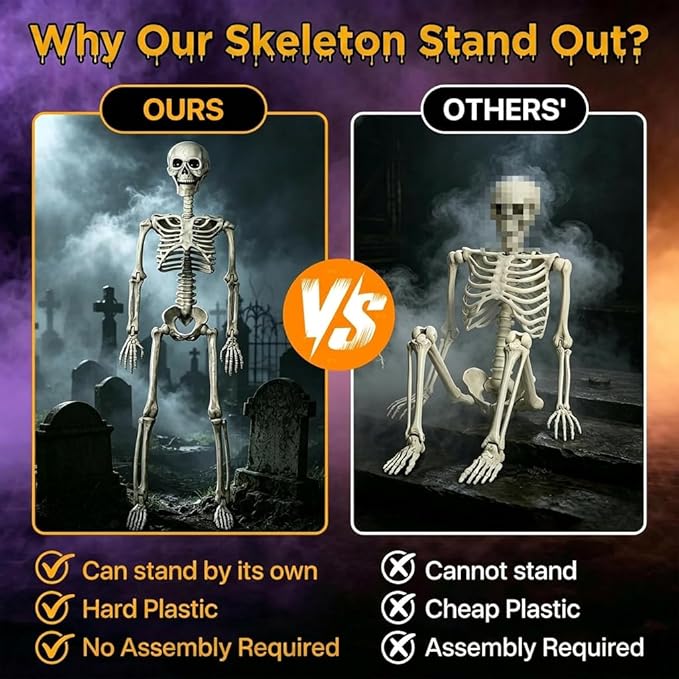 2-Pack 40" Pose-N-Stay Halloween Skeletons, Life-Size Full Body Realistic Posable Skeleton with Movable Joints, Spooky Haunted House Decor for Outdoor Yard, Patio & Front Porch