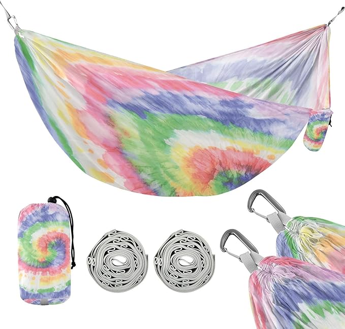 Qilmy Round Muliticolor Pattern Camping Hammock Single – 330 lbs Capacity, Lightweight with Tree Straps & Carabiners, Portable for Hiking, Travel, Backpacking