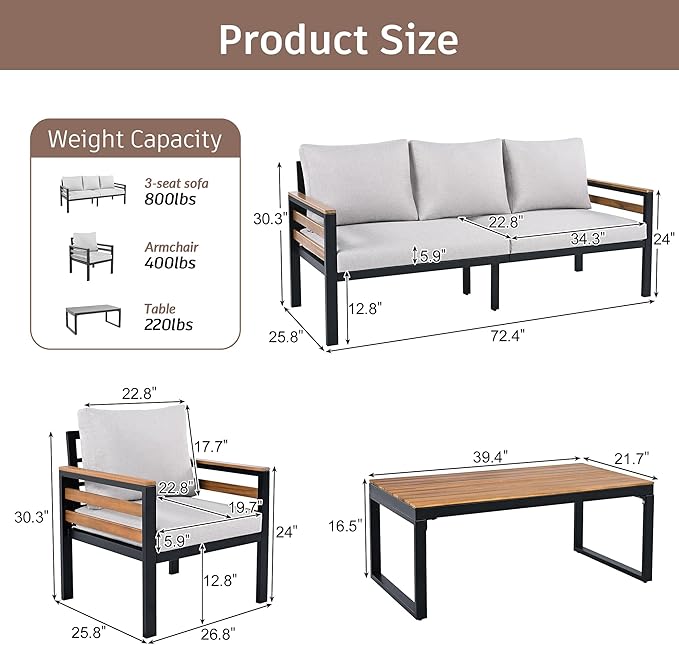 4-Piece Patio Set, Outdoor Furniture Sofa Set for 5 People with Acacia Wood Armrests, Conversation Set with Solid Wood Coffee Table, 2 Single Chairs, 3-Seater Sofa for Garden and Backyard (Beige/453)