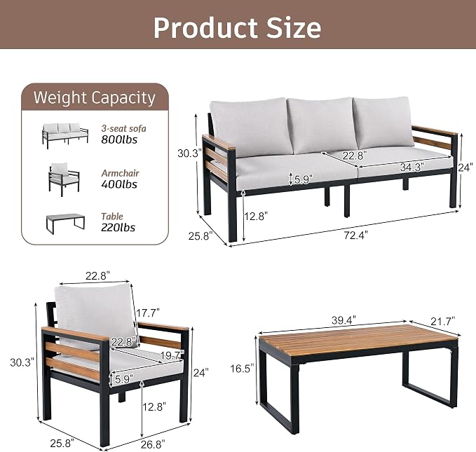 KLMM 4-Piece Outdoor Sofa Set for 5 People with Acacia Wood Armrests, Patio Conversation Set with Removable Cushion and Solid Wood Coffee Table,for Garden Backyard (Beige#g)