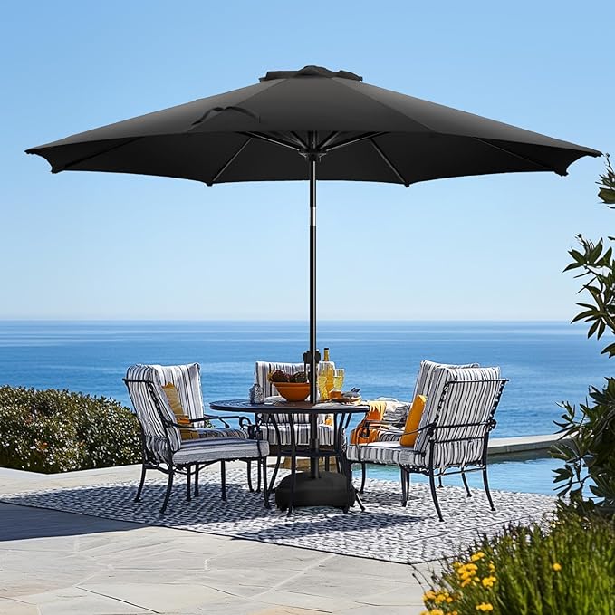 wikiwiki 10FT Patio Umbrella with Base, Outdoor Umbrellas with Base Included, 8 Sturdy Ribs, Waterproof Fade Resistant POLYESTER DTY Canopy for Deck, Lawn, Garden, Backyard & Pool, Black
