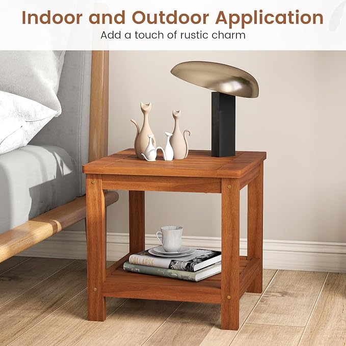 HAPPYGRILL 2-Tier Outdoor Wood Side Table with Storage Shelf, Patio Wooden End Table, Farmhouse Accent Nightstand, for Garden Yard Porch Deck Living Room (2)