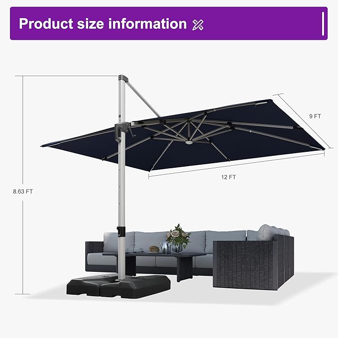 PURPLE LEAF Patio Umbrella with base 9' X 12' Outdoor Rectangle Cantilever Umbrella Solar Powered LED with 360-degree Rotation for Garden Deck Pool Patio, Navy Blue