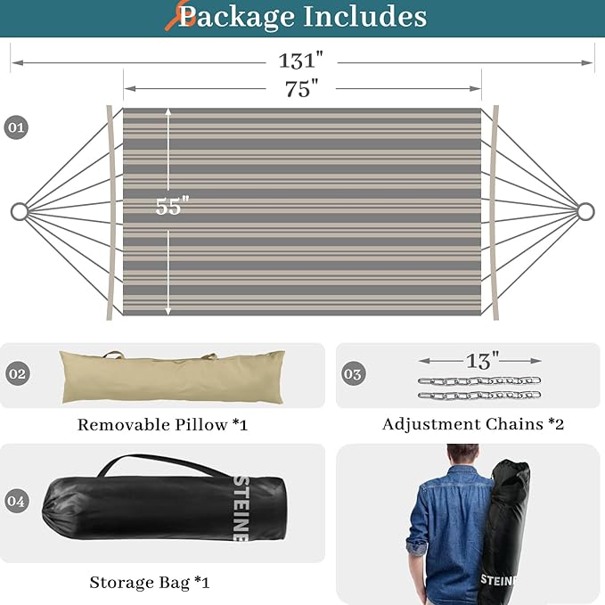 2 Person Hammock with Hanging Kits, Quilted Hammock for Tree with 2 Pcs Heavy Duty Stainless Steel Hooks, 1 Detachable Pillow, Curved Spreader Bar, Chains, Carrying Bag, 450 LBS Capacity