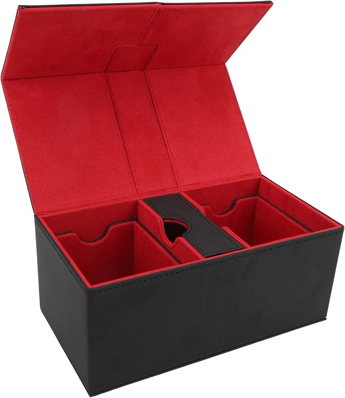 SUNGOOYUE Card Deck Box, PU Leather Game Card Storage Box with 3 Drawers and Magnetic Closure, for Holding Over 200 Cards Sports Cards (Black Red)