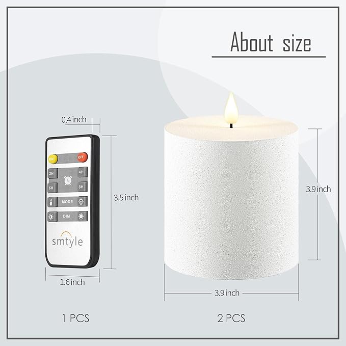 smtyle 4"x4" White Plastic Flickering Textured Flameless Battery Operated LED Pillar Candles with Remote Set of 2 for Centerpieces Table Wedding Party Garden Christmas Decor