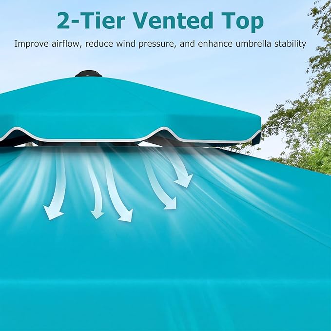 Happygrill 10 FT Patio Umbrella, Scalloped Outdoor Table Market Umbrella with Push Button Tilt & Crank, 2-Tier Vented Top, Heavy-Duty 8 Metal Ribs, Sun-Protective Canopy, Ruffle for Deck Pool Garden (Turquoise)