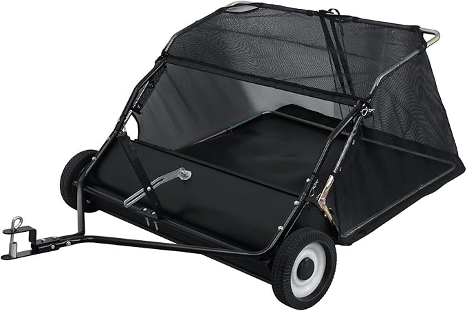 44 Inch Tow Behind Lawn Sweeper, Yard Sweepers, Grass Sweeper Tow Behind with 25 Cu Ft Hopper, Adjustable Brush Height Leaf Sweeper for Lawn Tractor, Yard Cleanup Black 44