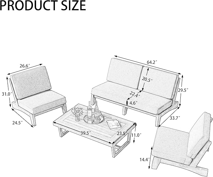 4 Piece Wood Outdoor Patio Frutnire Set, 5 Seater Patio Conversation Sets with Thick Cushions, Outdoor Sectional Furniture with Coffee Table - Dark Gray