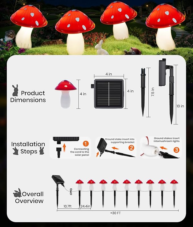 Solar Mushroom Lights Outdoor 9 Pack, Garden Outdoor Decor, 8 Lighting Modes, IP65 Waterproof, Crystal-Clear Fairy Decoration for Pathway/Yard/Flower Bed/Patio/Landscape/Backyard/Dwarf, String 30 FT