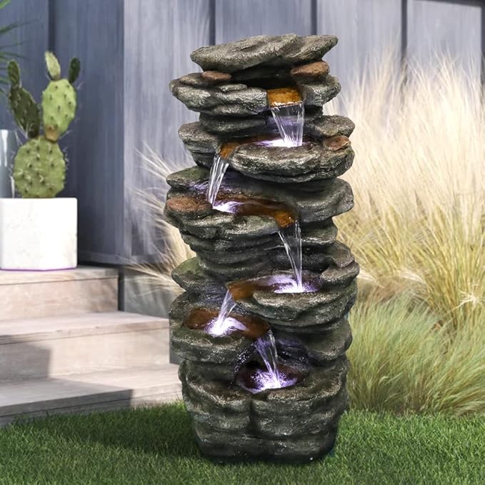 PeterIvan 6-Tier Rockery Outdoor Relaxing Water Fountain - 40” H Outdoor Waterfall Fountain with LED Light for Home&Office Decor, Stone-Liking Cascading Relaxation Garden Fountains for Patio, Garden