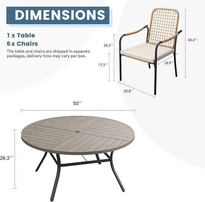 DIFY 7 Pieces Outdoor Dining Set, Metal Patio Table and Chairs Set for 6, 50" Round Dining Table with Umbrella Hole & Wicker Stackable Patio Chairs with Cushions, Grey Wood-Like Tabletop