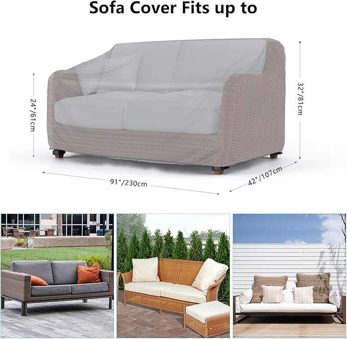 Mrrihand Heavy Duty Patio Sofa Cover, 3-Seater Outdoor Sofa Loveseat Cover, Outdoor Patio Furniture Cover with Air Vent and Handles, 90" W×42" D×32" H, Grey