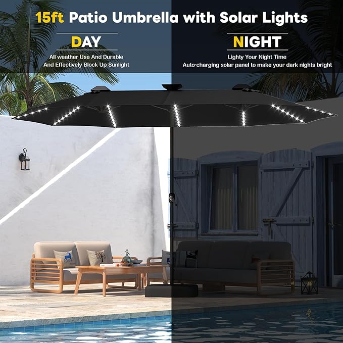 AECOJOY 15ft Patio Umbrella with Solar Lights, Double-Sided Outdoor Market Umbrella with Base Included, Large Pool Umbrella with 156 LED Lights, Crank Lift for Market Deck Backyard, Black(1.9" Pole)