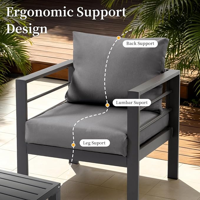 4-Piece Patio Furniture Set – All-Metal Outdoor Sectional Couch with Horizontal Slat Armrests, 4" Cushions & Coffee Table, Modern Patio Conversation Set for Porch, Balcony, or Deck (Grey)