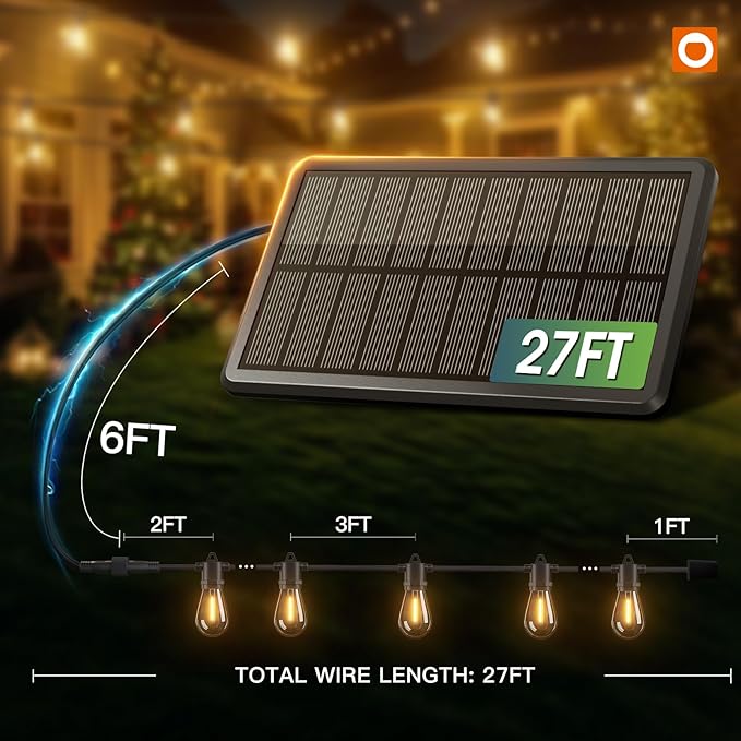 addlon 33FT(27+6) Solar String Lights Outdoor, Last 20+ Hrs, USB Charging | IP65 Waterproof. Dimmable Timer via Remote. Memory, 3 Modes, 2700K Warm White. Easy Install for Patio, Backyard, Porch.