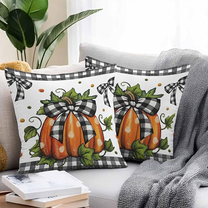 Orange Pumpkins Outdoor Waterproof Pillow Covers, Polka Dot Bow Fall Maple Leaves Plaid Decorative Square Throw Pillowcase Sofa Cushion Sham for Patio/Couch/Chair, 18"x18" 2 Pack