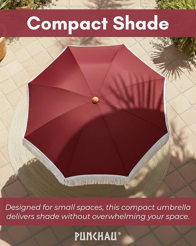6 Ft Fringe Patio Umbrella - Outdoor Umbrella for Patio, Pool, Table, Garden, Deck, Beach, and Outdoors - Fashionable Boho Vintage Tassels & Wood Print - Push Button Tilt Pole