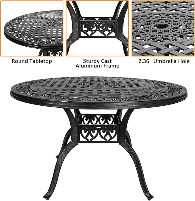 Patio Dinning Set Weather Resistant Cast Aluminum Patio Furniture Set with Umbrella Hole, Bistro Dining Set for Garden (48" x 48" Table B and 4 Chairs Black, 5 Pieces)