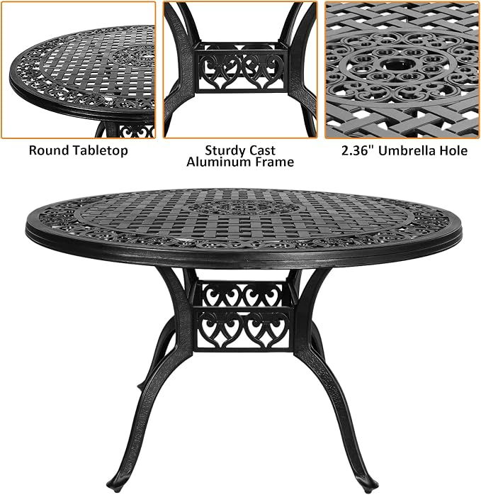 Outdoor Dining Table for 4-6 Person, 48.23" Cast Aluminum Patio Table with 2.36" Umbrella Hole, Outdoor Bistro Table for Backyard, Garden, Patio