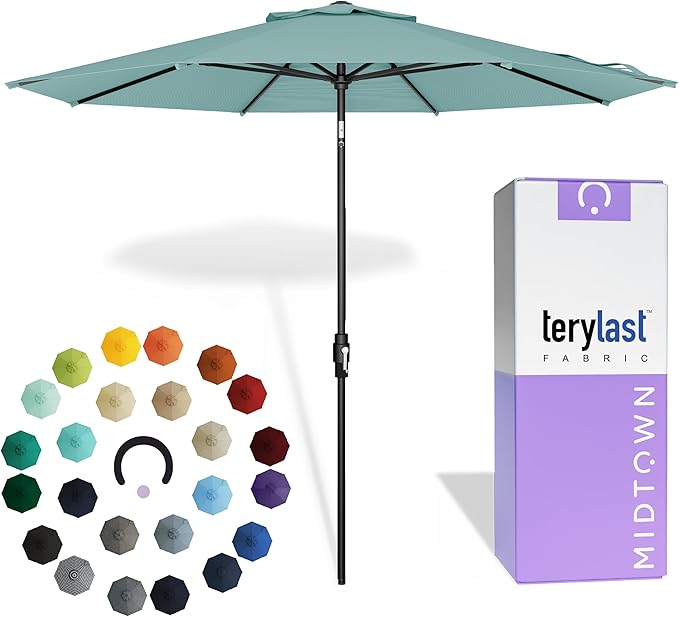 Midtown Umbrellas – The Swilt 10 Ft Patio Umbrellas with 360° Swivel & Tilt Mechanism, 8 Fiberglass Ribs & Terylast Polyester Fabric for Backyard, Deck, Pool & Cafes - Seawater Canopy, Black Pole