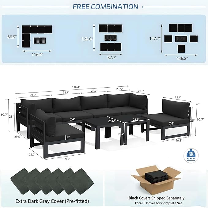 NICESOUL 6 Person Modern Aluminum Patio Furniture Set, 500 lbs Heavy Duty Sturdy Outdoor Sectional Sofa, 29" Deep Wide Oversized Seating, L Shaped Modular Conversation Couch for Garden Backyard, Black