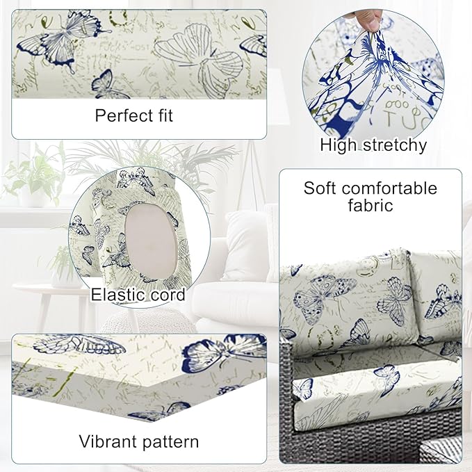 CALBODE 8pcs Outdoor Printed Sofa Seat Cushion Covers Strechable, Waterproof Elastic Half-Covered Sofa Covers Washable Reusable Patio Furniture Protector（Butterlfy, Cover Only）