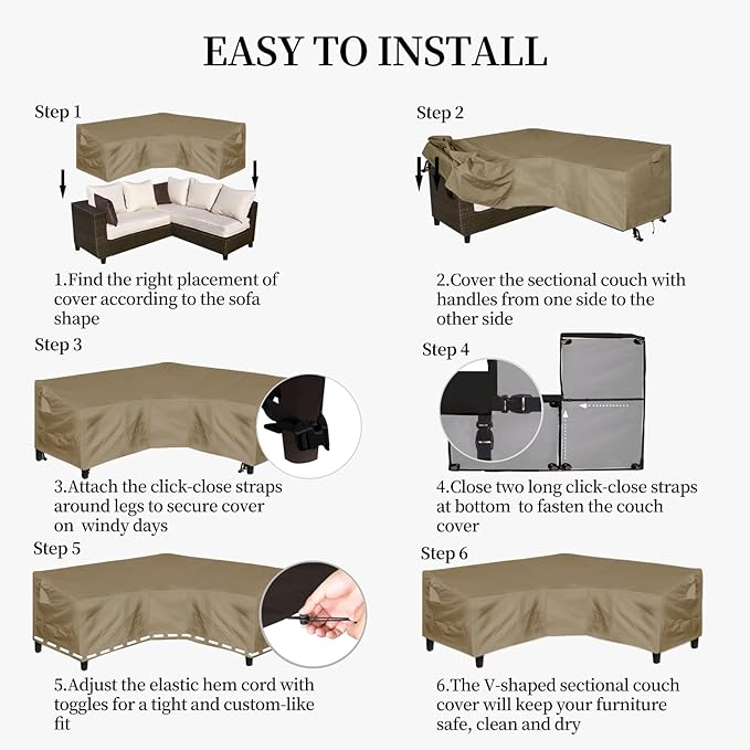 Easy-Going 600D Patio V-Shaped Sectional Sofa Cover, Heavy Duty Outdoor Sectional Cover, Waterproof Furniture Cover with Air Vent 85" L (on Each Side) x 33.5" D x 31" H, Camel