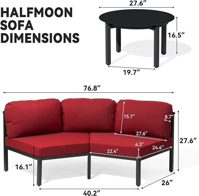 Crestlive Curved Patio Furniture Set, Modular Half Moon 4-Seater Sofa with Round Coffee Table, Aluminum Outdoor Sectional with 4.3" Cushions, All-Weather Couch for Backyard, Deck, Porch, Poolside