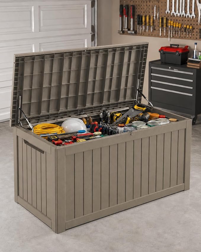 MAKINO 274 Gallon Large Waterproof Deck Box, Heavy Duty Resin Outdoor Storage Box, Outside Storage Bench with Hydraulic Rod for Patio/Cushions/Garden Tools/Backyard/Pool Accessories, Grey Brown