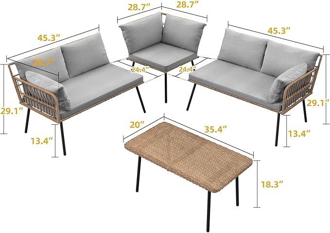 DWVO Patio Furniture Set, 4 Pieces Wicker Outdoor Conversation Set Sectional L-Shaped Sofa with 5 Seater for Backyard, Porch, Boho Detachable Lounger with Cushions and Side Table - Grey