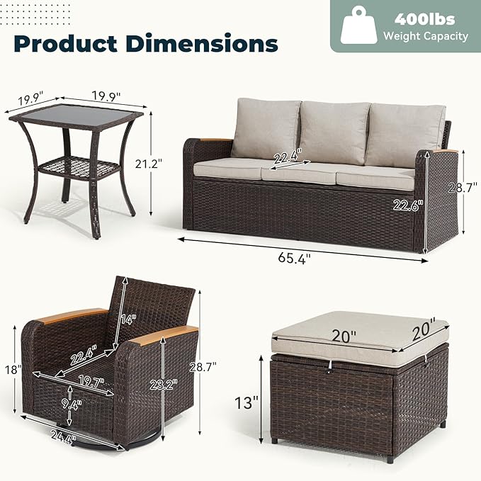 6 Pieces Wicker Patio Furniture Sets, Outdoor Conversation Set PE Rattan Sectional Sofa Couch with Swivel Chairs Ideal for Indoor Porch Deck Bistro Lawn Garden Backyard Poolside-Khaki