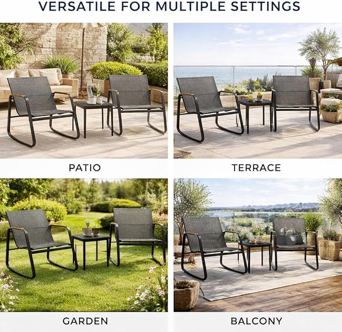 Kozyard 3 Piece Rocking Chair Set, Outdoor Rocking Textilene Bistro Set with Wooden Armrests, Outdoor Patio Furniture Set with Glass Table for Lawn, Porch, Yard, Garden, Balcony, Poolside Gray