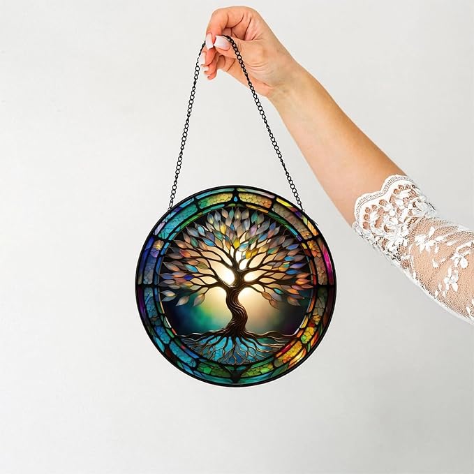 Colorful Tree of Life Suncatcher | 7.9 in, Stained Glass, Window Hanging Catcher, Garden Decor